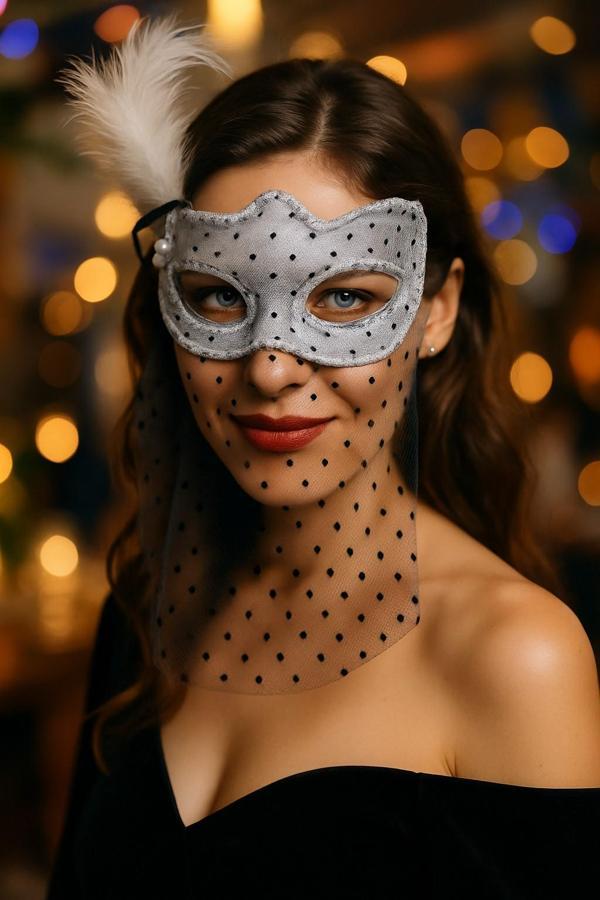 Beyaz Tüllü Siyah Puantiyeli İnci Detaylı Tüylü Parti Maskesi Şık Kadın Masquerade Aksesuar - Image 1