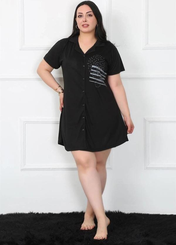 Giyim Büyük Beden Penye Düğmeli Siyah Tunik Gecelik - Image 1