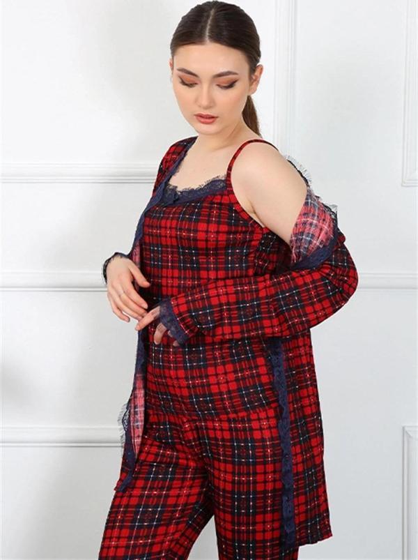 Giyim Kadın 3'lü Ekoseli Sabahlık Takım Kırmızı - Image 1