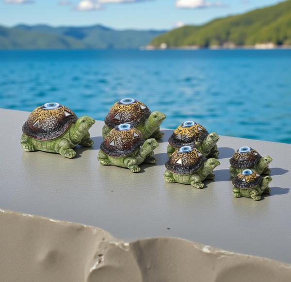 Feng Shui Nazar Boncuğu Motifli 7’li Caretta Caretta Heykel Biblo Dekoratif Ürün Konsol Vitrin Süsü - Image 1
