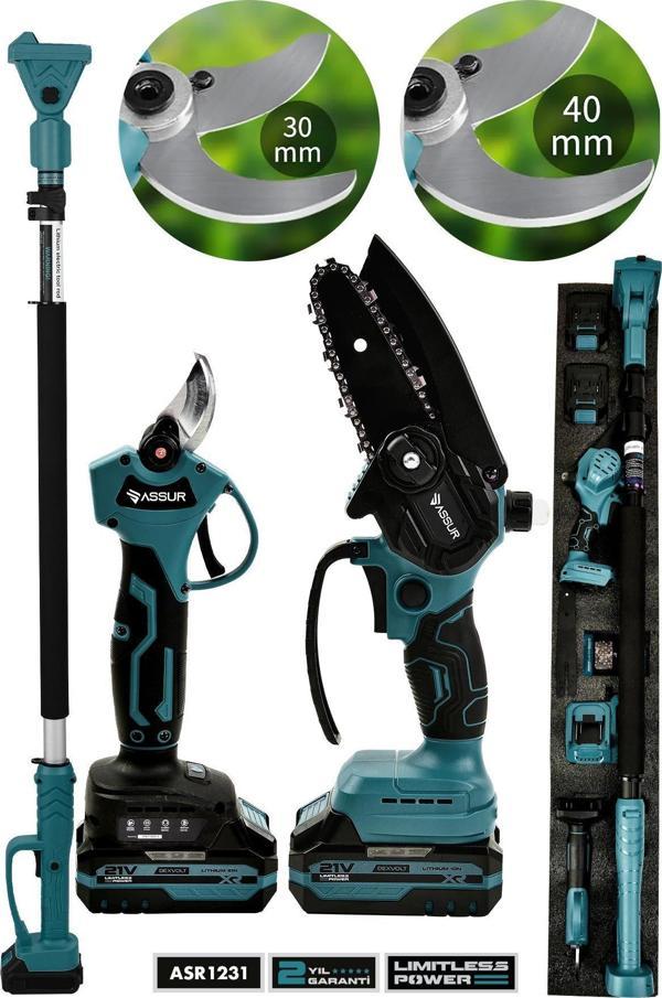 Assur 3'lü Set 21V Çift Akülü Şarjlı Teleskopik Kollu Bağ Makası & Budama Testeresi - Image 1