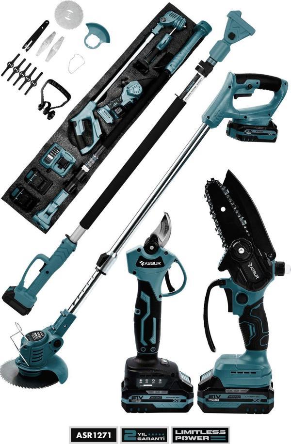Assur 4'lü Set 21V Şarjlı Teleskopik Bağ Makası & Budama Testeresi & Çim Biçme Makinesi Tırpan - Image 1