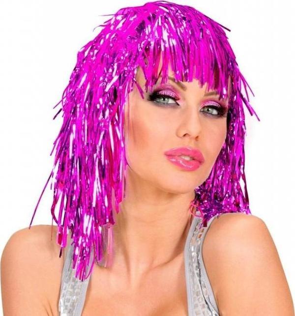 Pembe Fuşya Işıltılı Metalize Parti Peruğu - Image 1