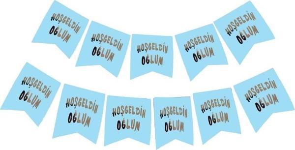 BFS   Hoşgeldin Oğlum Yazılı Mavi Üzeri Gümüş Yeni Doğan Bebek Doğum Süsü Afiş Bayrak Flama 2.2 Metr - Image 1