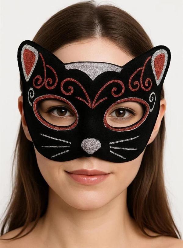 BFS  Kadife Dokulu Sim Detaylı Işıltılı Kedi Maskesi Kırmızı Gümüş 20x13 cm - Image 1