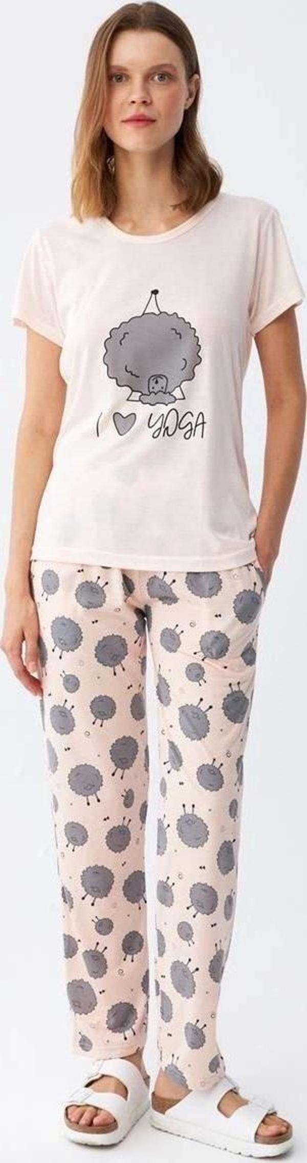 Giyim Kadın Kısa Kol Pijama Takım Pudra - Image 1