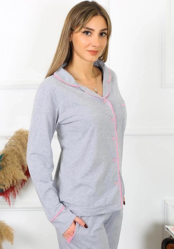 Giyim Kadın Pamuk Penye Önden Düğmeli Uzun Kol Gri Pijama Takım - Image 1