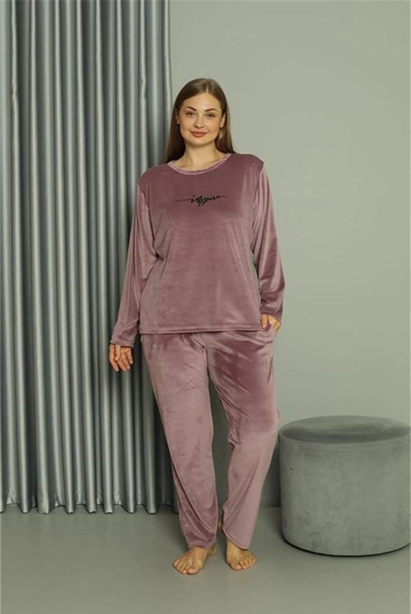 Giyim Büyük Beden Kadın Kadife Mor Pijama Takım - Image 1