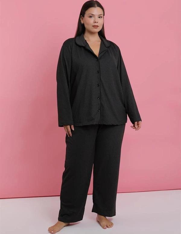 Giyim Kadın Büyük Beden Füme Düğmeli Pijama Takımı - Image 1
