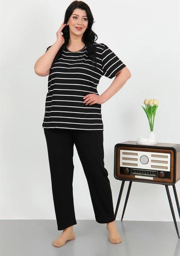 Giyim Kadın Büyük Beden Kısa Kol Penye Pijama Takımı Siyah - Image 1