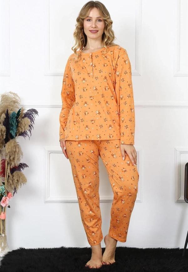 Giyim Kadın 4XL-5XL-6XL-7XL-8XL Büyük Beden Uzun Kol Pijama Takım Turuncu - Image 1