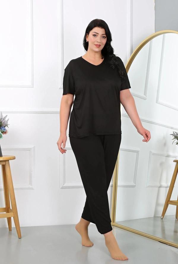 Giyim Kadın Büyük Beden Kısa Kol Penye Pijama Takımı Siyah - Image 1