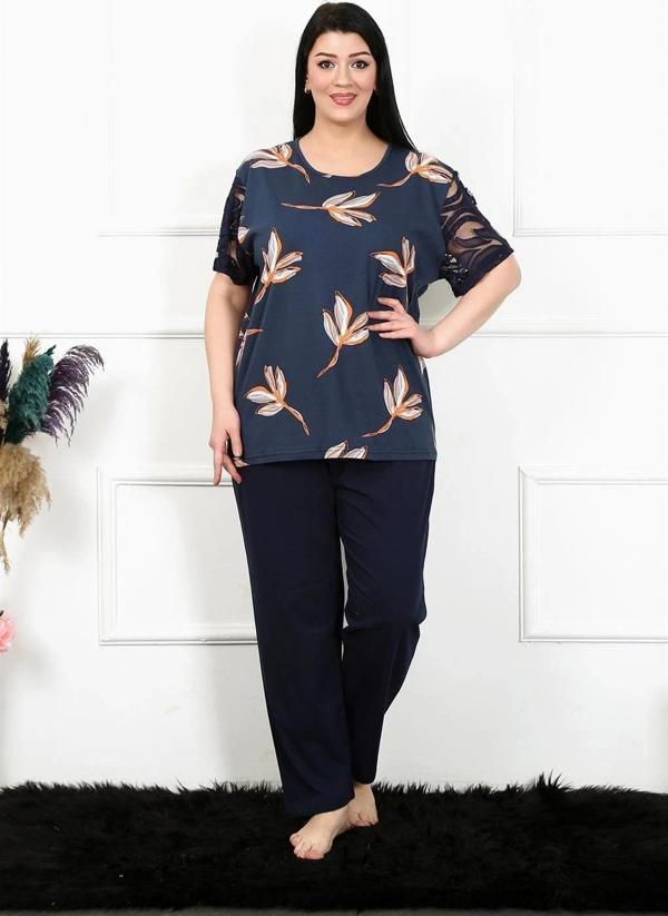 Giyim Kadın 5XL-6XL-7XL-8XL Büyük Beden Kısa Kol Pijama Takım Lacivert - Image 1