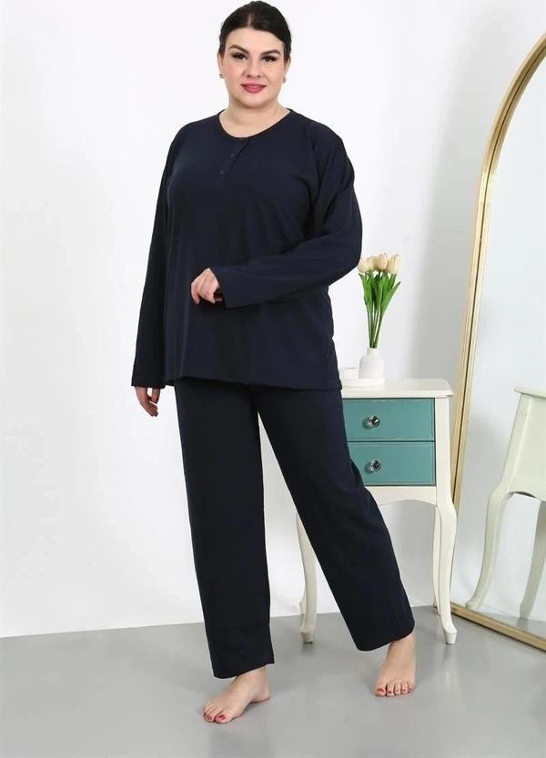 Giyim Kadın Büyük Beden Uzun Kol Penye Pijama Takımı Lacivert - Image 1