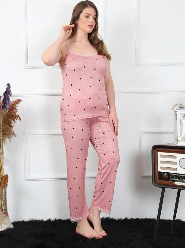 Giyim Kadın Büyük Beden Somon İp Askılı Pijama Takım - Image 1