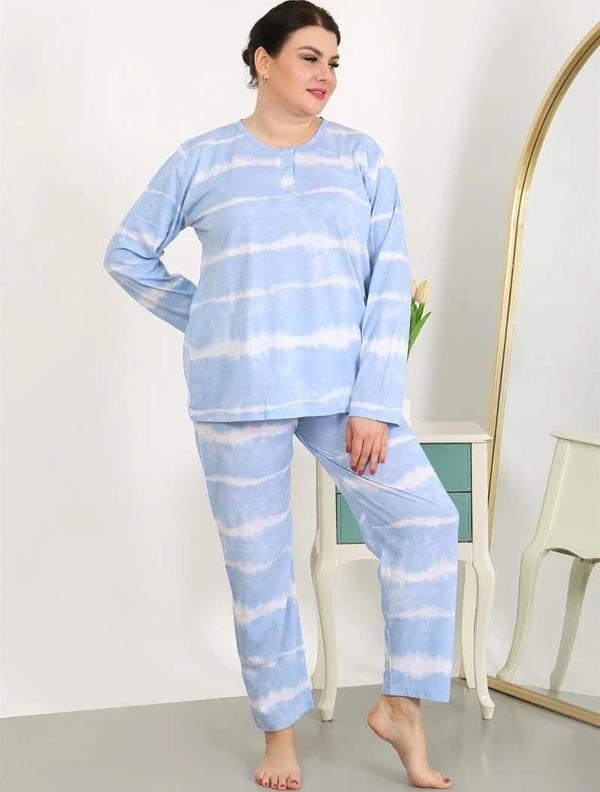 Giyim Kadın Büyük Beden Uzun Kol Penye Pijama Takımı Mavi - Image 1