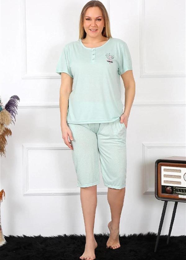 Giyim Kadın Büyük Beden Viscon Su Yeşili Kapri Pijama Takım - Image 1