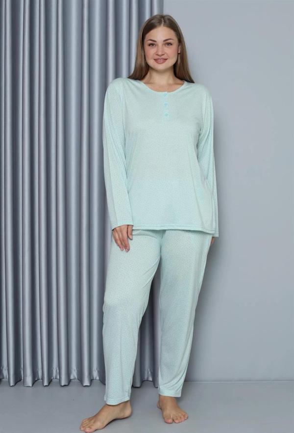 Giyim Kadın Büyük Beden Penye Uzun Kol Pijama Takım Su Yeşili - Image 1