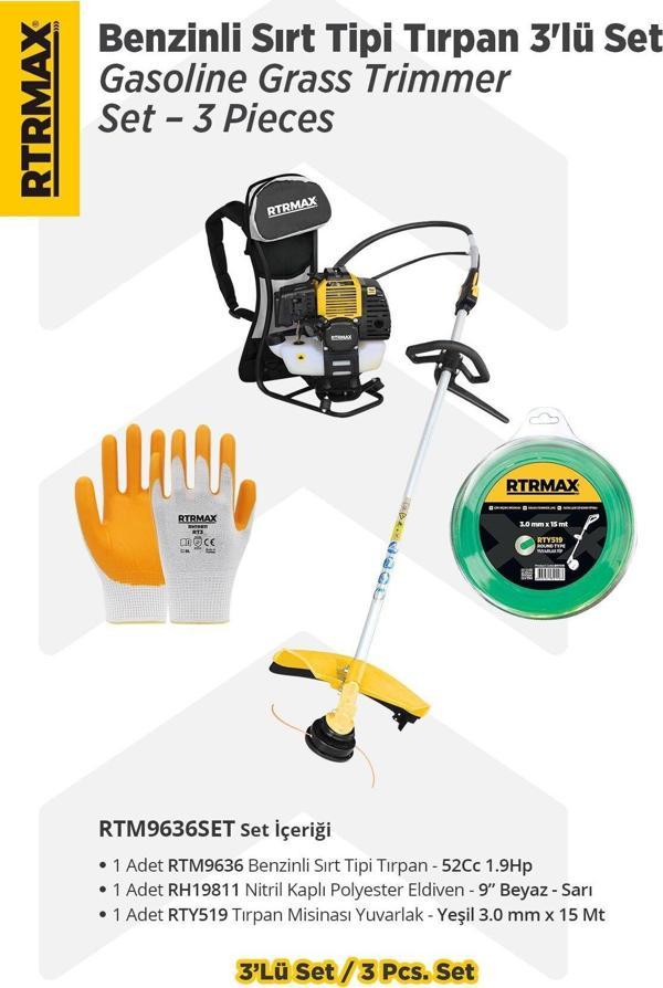 RTM9636SET Benzinli Sırt Tipi Tırpan 3'lü Set -Eldiven-Tırpan Misinası - Image 1