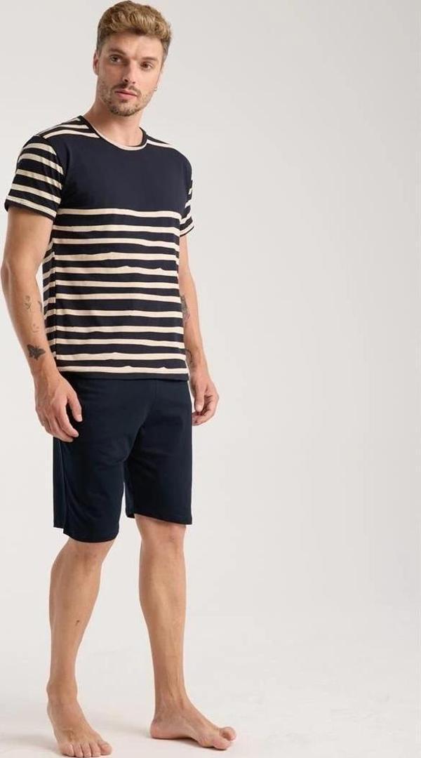 Giyim Erkek Lacivert Sıfır Yaka Kısa Kol Şortlu Pijama Takımı - Image 1