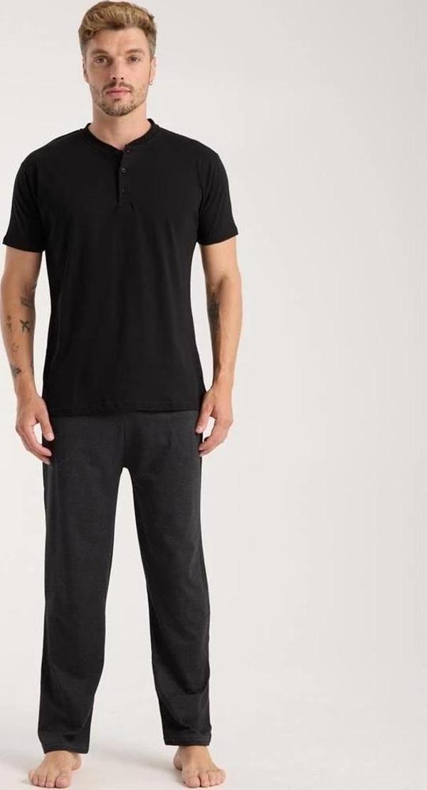 Giyim Erkek Füme Düğmeli Yaka Kısa Kol Pijama Takımı - Image 1