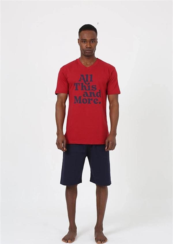 Giyim Erkek Kısa Kol Bordo Penye Şortlu Pijama Takımı - Image 1