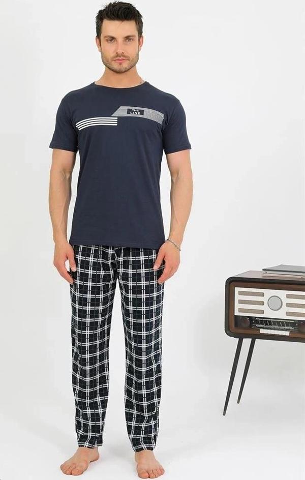 Giyim Erkek Pamuk Kısa Kol Pijama Takım Lacivert - Image 1