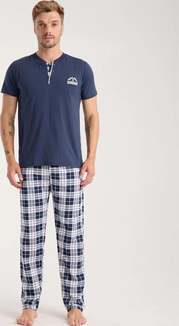 Giyim Erkek Lacivert Düğmeli Yaka Kısa Kol Pijama Takımı - Image 1