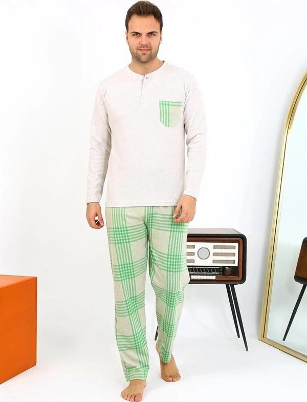 Giyim Erkek Uzun Kol Penye Krem Pijama Takımı - Image 1