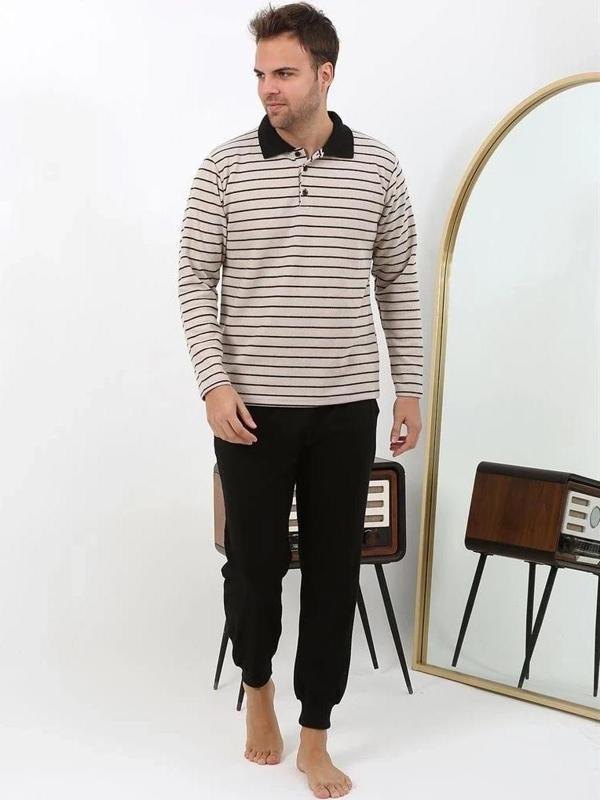 Giyim Erkek Polo Yaka Uzun Kol Penye Pijama Takımı Krem - Image 1