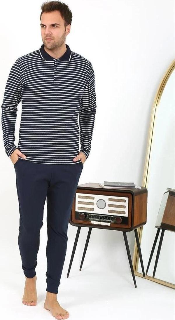 Giyim Erkek Polo Yaka Uzun Kol Penye Pijama Takımı Lacivert - Image 1