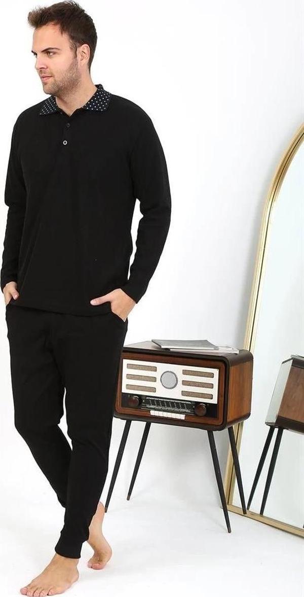 Giyim Erkek Polo Yaka Uzun Kol Penye Pijama Takımı Siyah - Image 1
