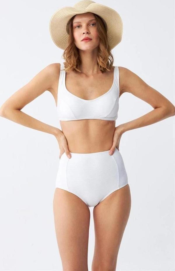 Giyim Kadın Basic Beyaz Pedli Yüksek Bel Bikini Takımı - Image 1
