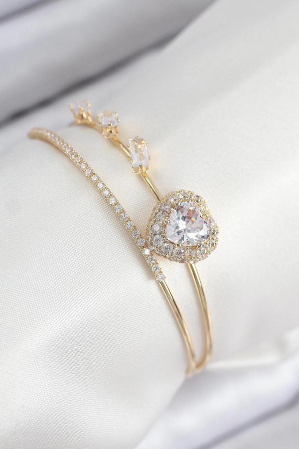 BFS Pirinç Zirkon Taşlı Kalp Model Gold Renk Kadın Bileklik - Image 1