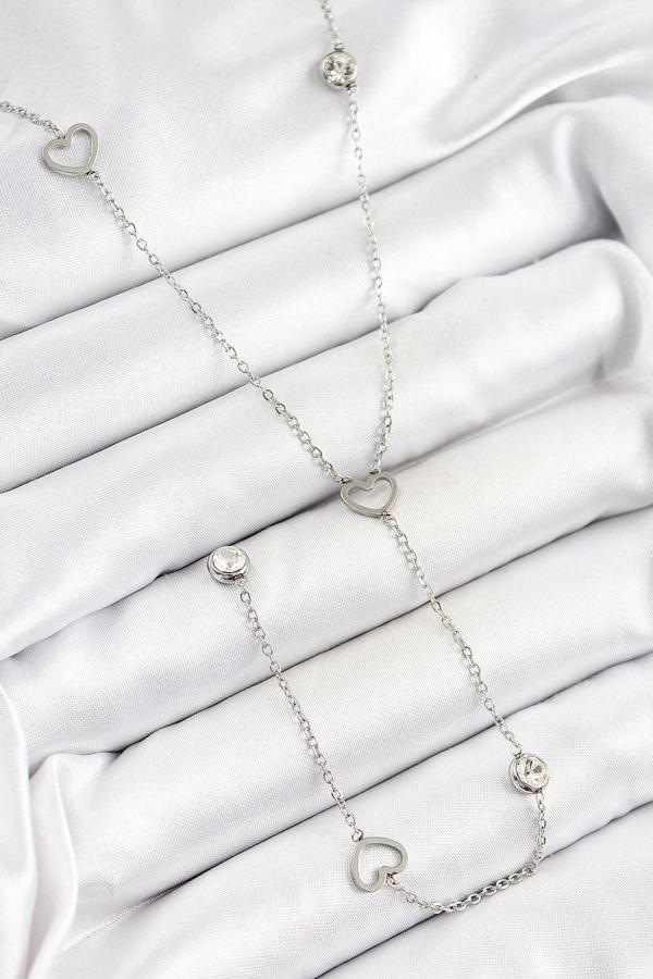 BFS 316L Çelik Zirkon Taşlı Kalp Figürlü Y Model Gümüş Renk Kadın Kolye - Image 1