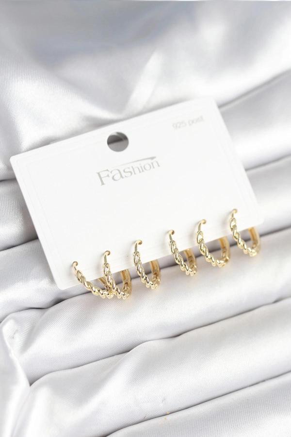 BFS Gold Renk Burgu Halka Model 925 Ayar Gümüş Çivili Pirinç Küpe Seti - Image 1