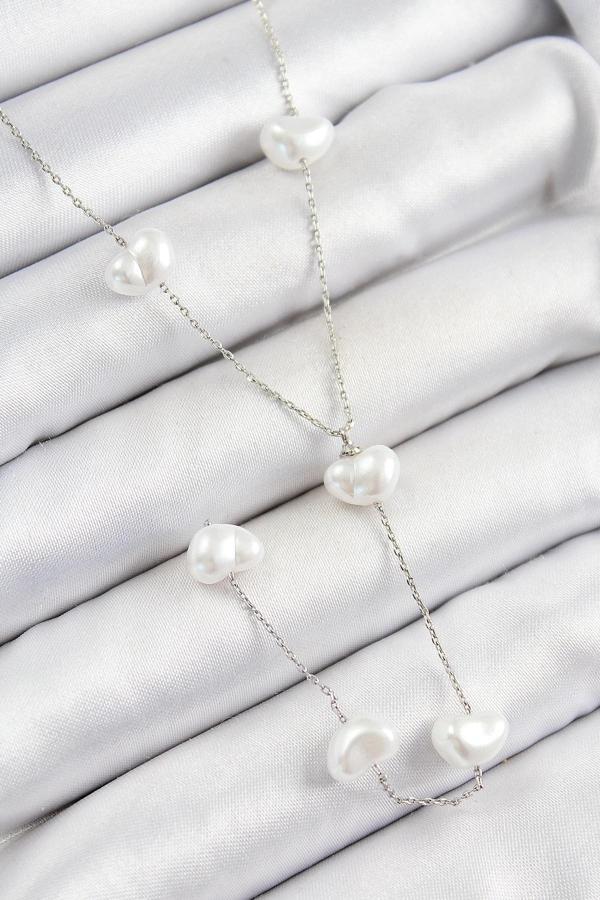 BFS 316L Çelik İncili Kalp Figürlü Y Model Gümüş Renk Kadın Kolye - Image 1