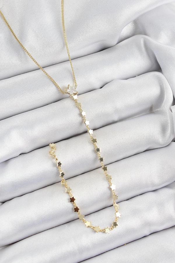 BFS Pirinç Zirkon Taşlı Yıldız Figürlü Y Model Gold Renk Kadın Kolye - Image 1