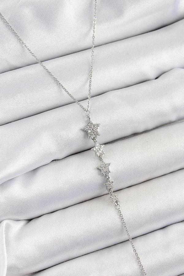 BFS Pirinç Zirkon Taşlı Sıralı Yıldız Figürlü Y Model Gümüş Renk Kadın Kolye - Image 1