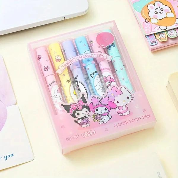 6'lı Fosforlu Kalem Seti - Sanrio Karakterleri, Kuromi, Hello Kitty - Image 1