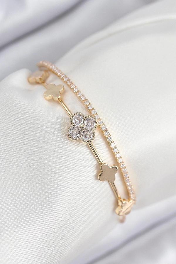 BFS Pirinç Zirkon Taşlı Yonca Model Gold Renk Kadın Bileklik - Image 1