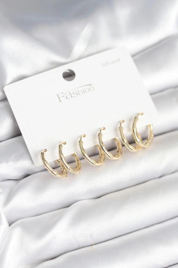 BFS Pirinç Gold Renk Kemik Halka Model 925 Ayar Gümüş Çivili Kadın Küpe Seti - Image 1