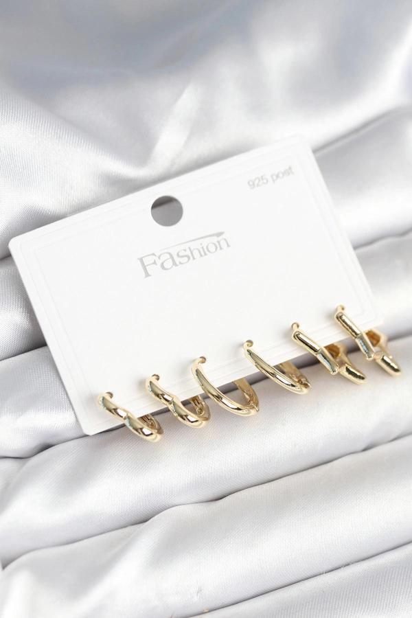 BFS Pirinç Gold Renk Kalp Yıldız ve Halka Model 925 Ayar Gümüş Çivili Kadın Küpe Seti - Image 1