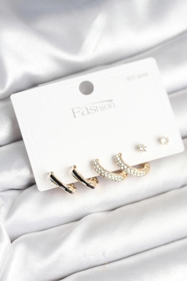 BFS Gold Renk Pirinç Zirkon Taşlı 925 Ayar Gümüş Çivili Kadın Küpe Seti - Image 1