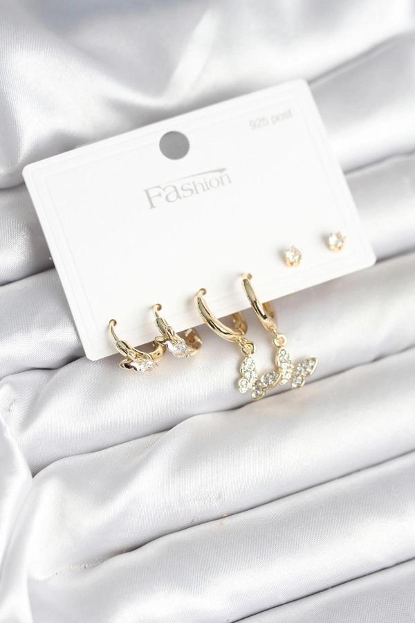 BFS Gold Renk Pirinç Kelebek Model 925 Ayar Gümüş Çivili Kadın Küpe Seti - Image 1