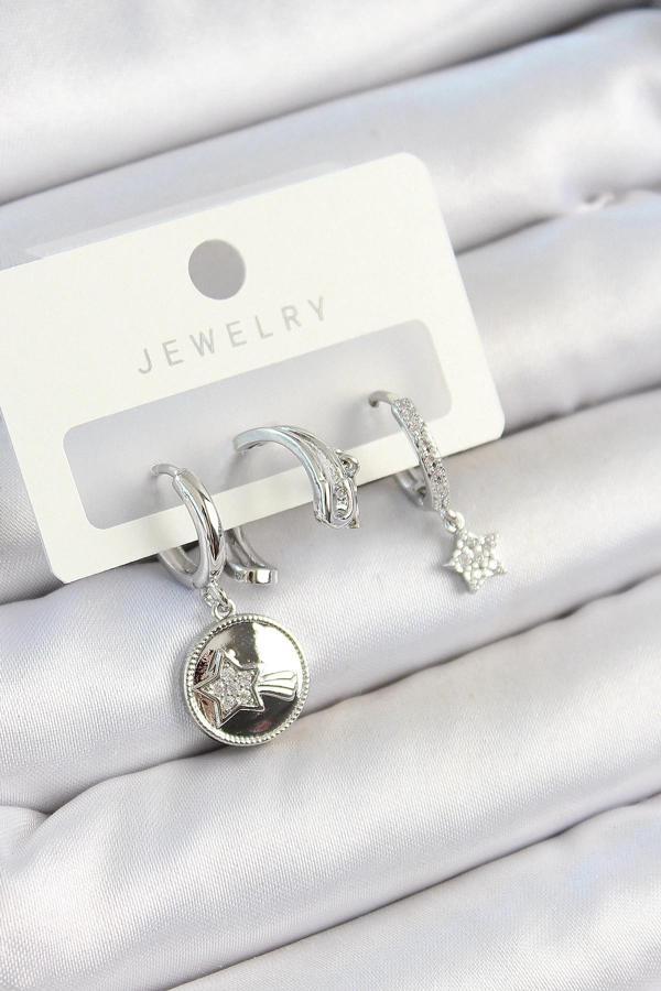 BFS Pirinç Zirkon Taşlı Sallantılı Yıldız Model Gümüş Renk 3'lü Çift Kadın Küpe Set - Image 1