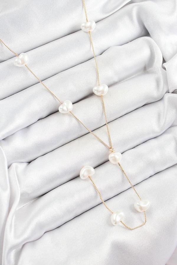 BFS 316L Çelik İncili Kalp Figürlü Y Model Gold Renk Kadın Kolye - Image 1