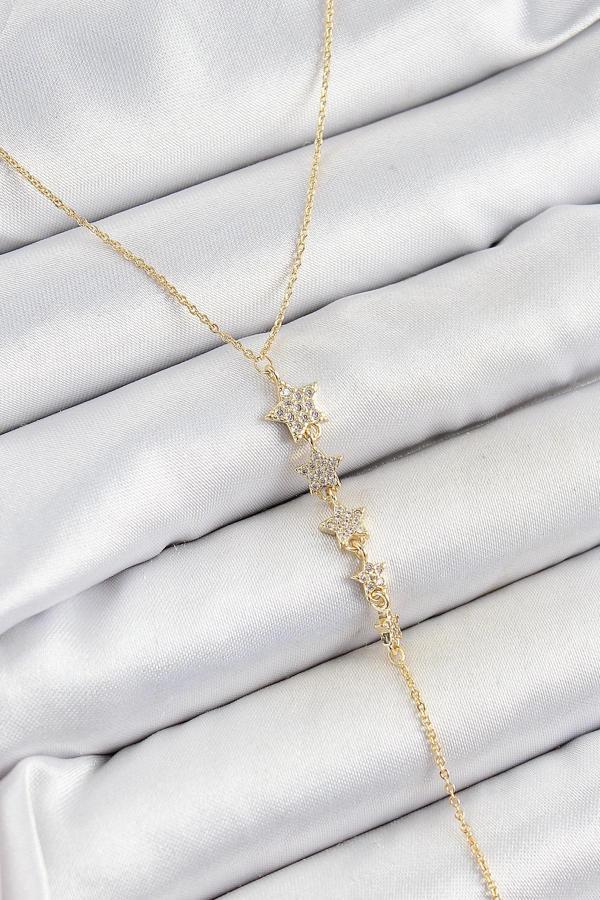 BFS Pirinç Zirkon Taşlı Sıralı Yıldız Figürlü Y Model Gold Renk Kadın Kolye - Image 1