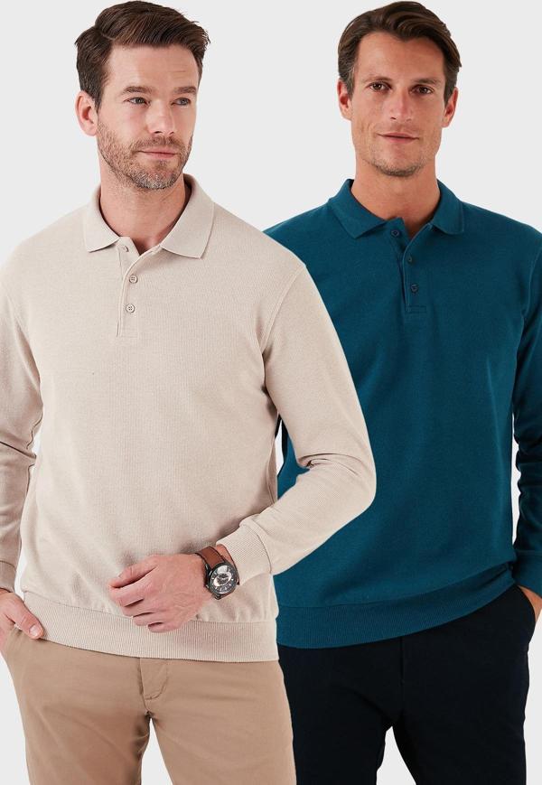 Buratti Pamuk Karışımlı Regular Fit 2'li Paket Erkek Polo Yaka Kazak 456223S2 Bej-Petrol - Image 1