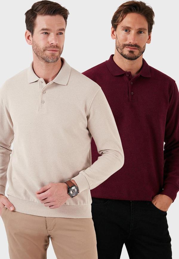 Buratti Pamuk Karışımlı Regular Fit 2'li Paket Erkek Polo Yaka Kazak 456223S2 Bej-Mürdüm - Image 1